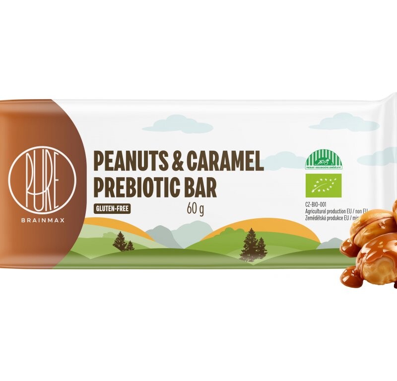 BrainMax Pure Peanuts & Caramel Prebiotic Bar, prebiotická tyčinka, arašidy a karamel, 60 g