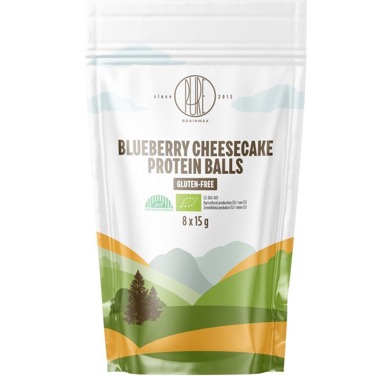 BrainMax Pure Protein Balls Blueberry Cheesecake, Proteínové guličky, Čučoriedkový cheesecake, BIO, 8 ks