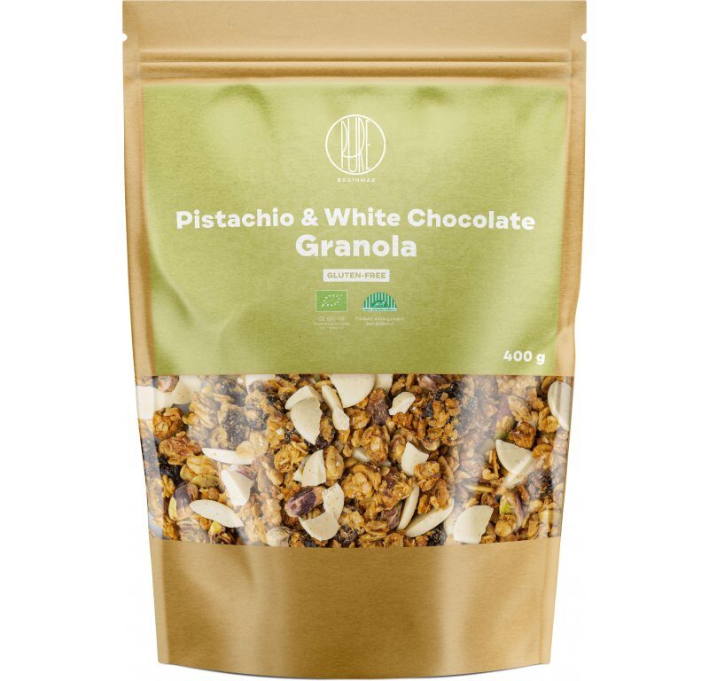 BrainMax Pistachio & White Chocolate Granola, pistácie a biela čokoláda, BIO, 400 g